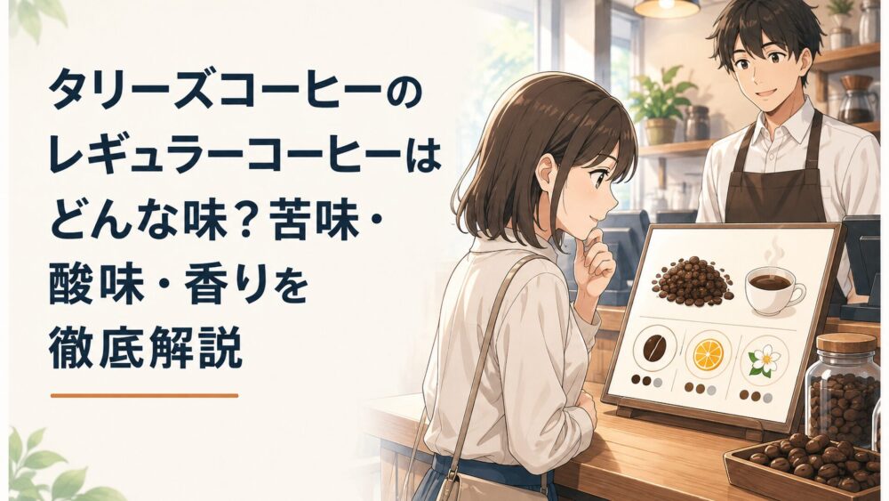 タリーズのレジ前で本日のコーヒーの豆名と味の特徴を確認して注文する場面