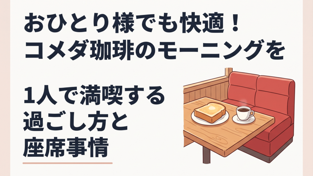コメダ珈琲店の木目調テーブルに置かれたモーニングのトーストとコーヒー、落ち着いた赤いソファ席