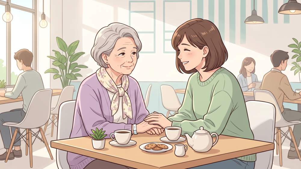 病院内のカフェでコーヒーを囲み穏やかに過ごす患者と家族