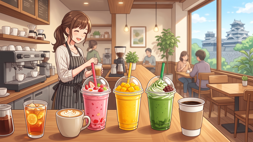 熊本のタリーズ店内に並ぶコーヒーや紅茶と色鮮やかなシェイクール