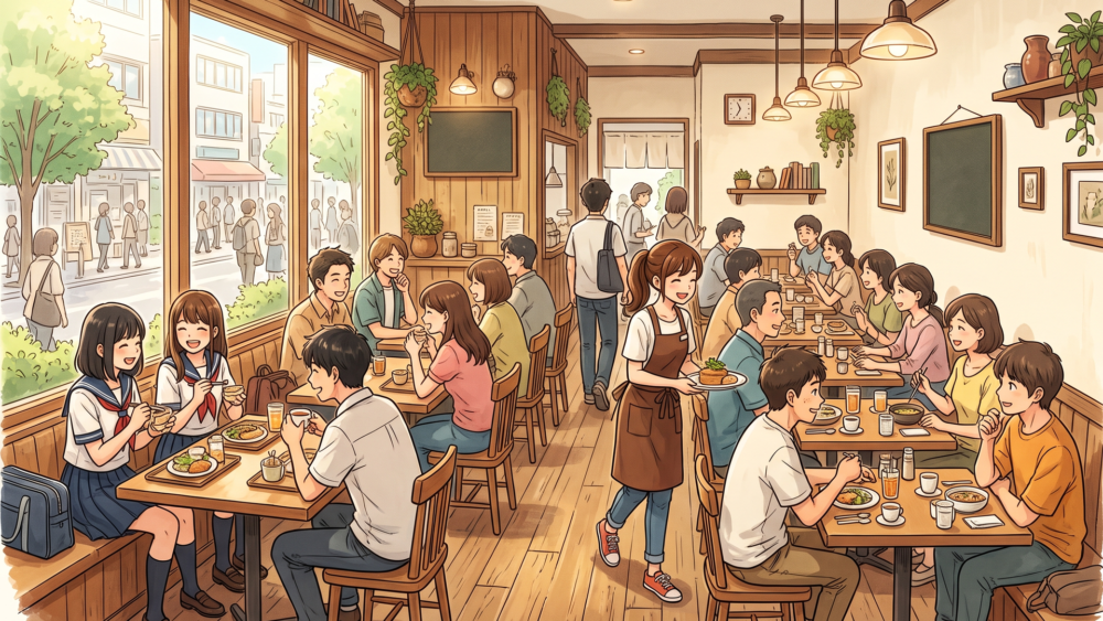 利用客で賑わうコンパクトな店内と並んだ客席