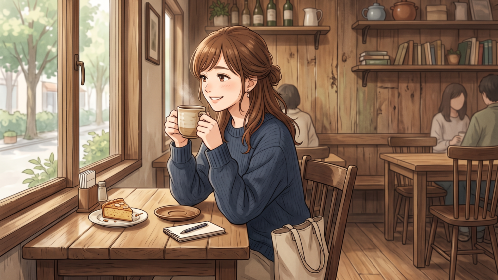 木目調の落ち着いた店内でコーヒーを楽しむ一人客