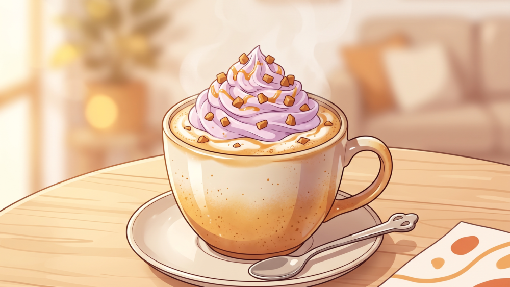 おいもホイップとキャラメルチップをのせた温かなカラメルOIMOラテ