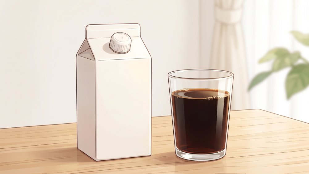 キャップ付きのタリーズ紙パック500mlとグラスに注いだブラックコーヒー