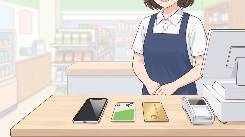 スマートフォンと交通系ICカードとクレジットカードが並ぶレジカウンター
