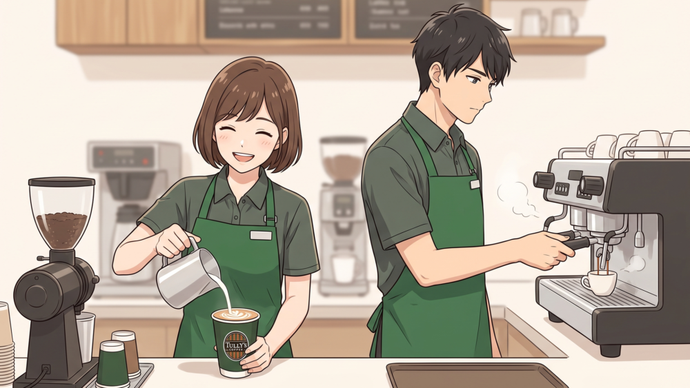 カウンターで協力しながらコーヒーを提供するタリーズのフェローたち