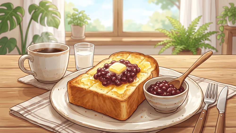 バターが染み込んだ厚切り山食パンとおぐらあんのモーニング