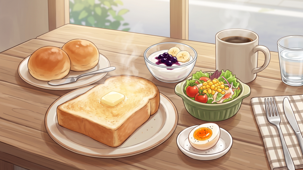 山食パンとローブパンに選べるサイドメニューを添えた朝食