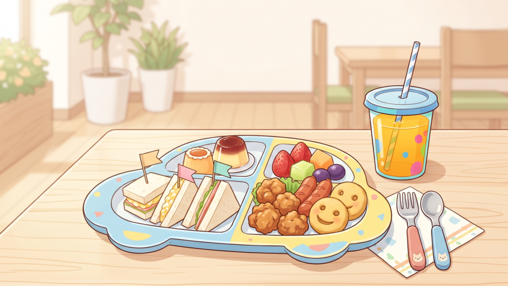 サンドイッチやコメチキとキッズドリンクが並ぶだいすきプレート