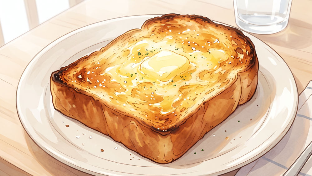 よく焼きでバターを多めに塗った香ばしい厚切りトースト