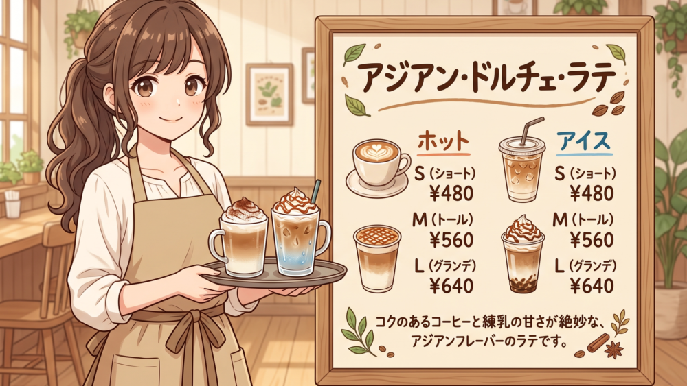アジアン・ドルチェ・ラテとサイズ別価格を示すメニューボード