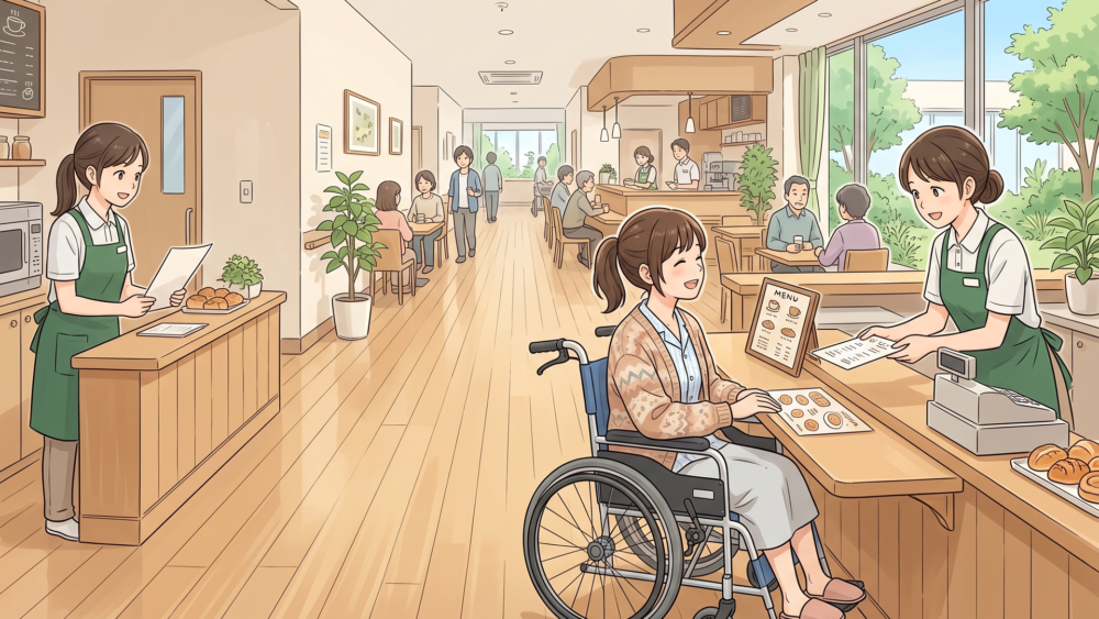 車いすで利用しやすい低いカウンターと広い通路を備えた院内カフェ