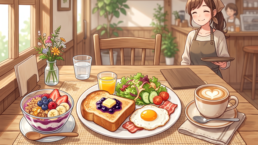 カフェラテとアサイーヨーグルトとモーニングセット