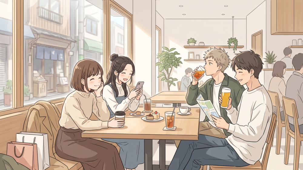 月島のもんじゃ街を歩いた後にカフェで休憩する人々