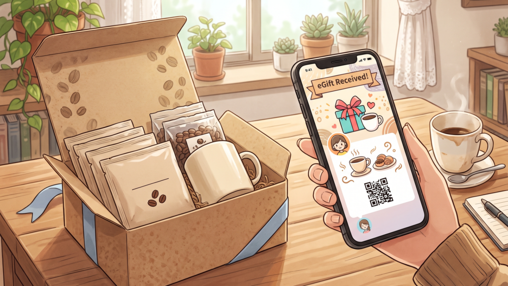 箱入りのコーヒー詰め合わせギフトとスマートフォンに届いたeGift