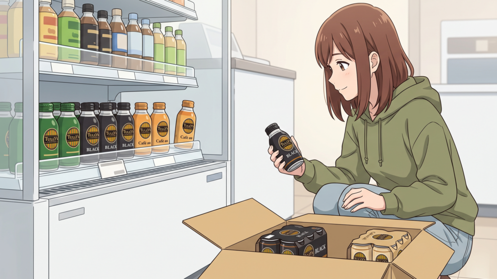 コンビニの冷蔵棚と通販のケース箱で比較するタリーズのボトル缶