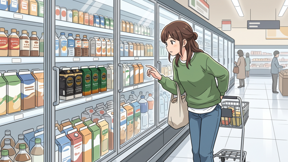 スーパーのチルド飲料売り場でタリーズ紙パックを探す買い物客