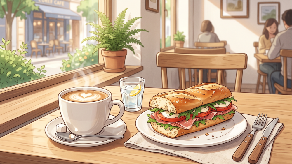 コーヒーとミラノサンドが並ぶカフェテーブル