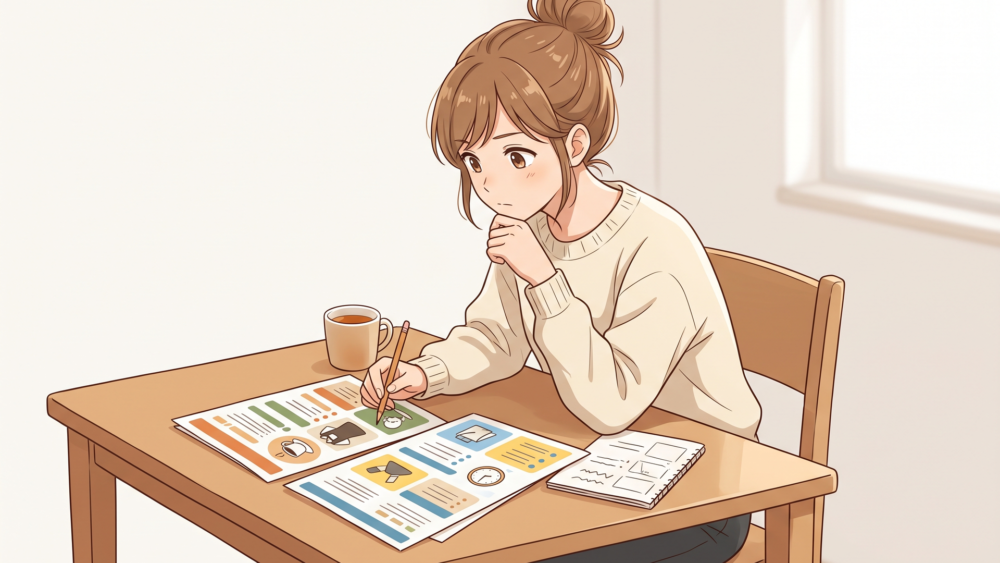タリーズと競合カフェの求人条件を比較する応募者と資料