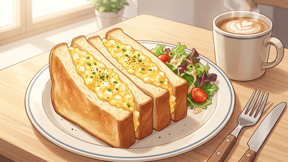 ふかふかのローブパンにたまごペーストを挟んだモーニング