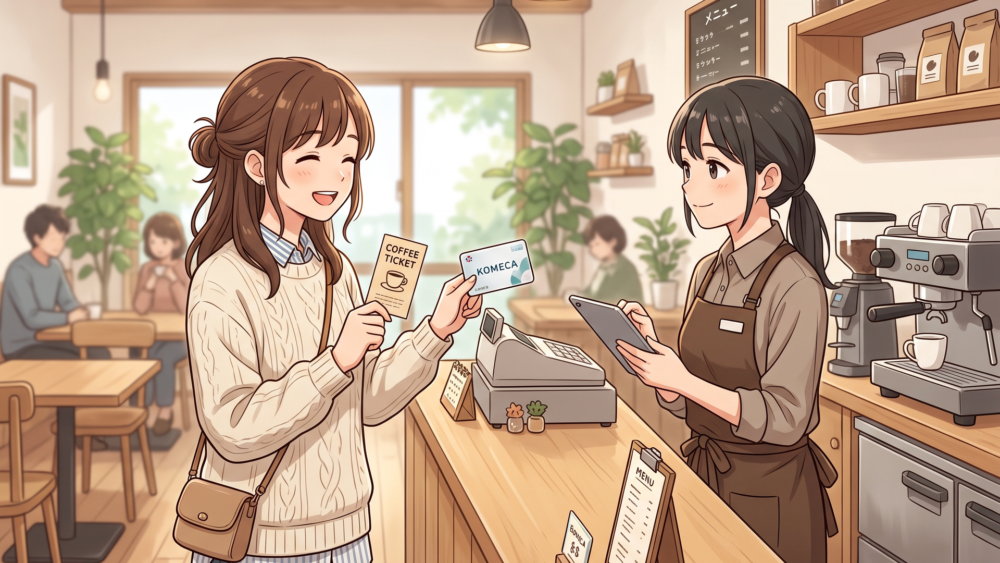 コーヒーチケットとコメカを手にドリンクを注文する場面