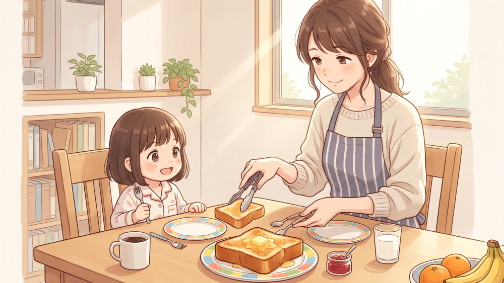 厚切りトーストを子どもに取り分ける親子のモーニング風景