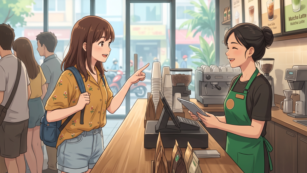 ベトナムのスターバックスでメニューを指して注文する旅行者