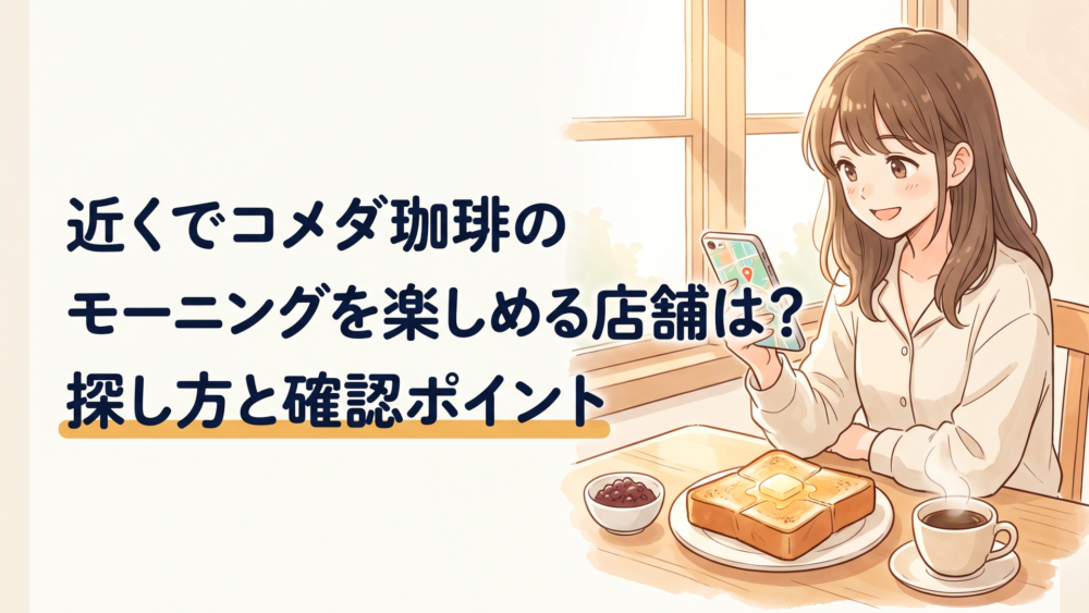 スマートフォンで現在地から近くのコメダ珈琲店を探しながらコーヒーとトーストを楽しむ朝のテーブル