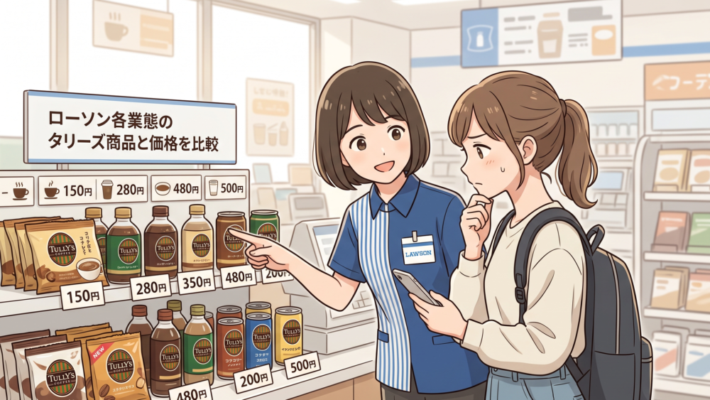 ローソン各業態のタリーズ商品と価格を比較する場面