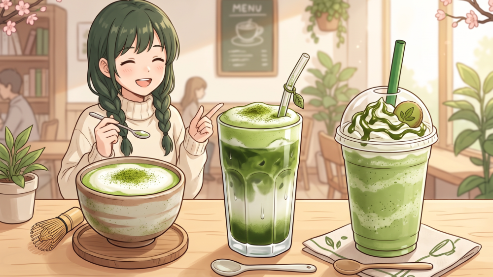 ホットとアイスの宇治抹茶ラテと抹茶 シェイクールの比較