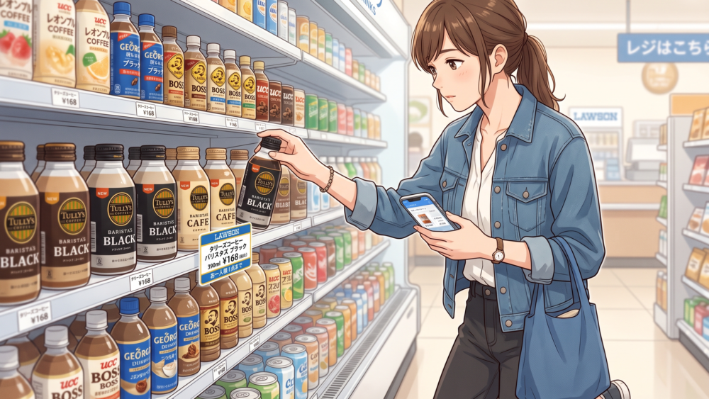 ローソンの飲料棚でタリーズ商品と棚札を確認する人